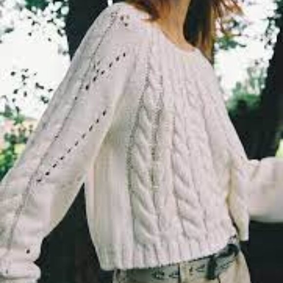 new Free People Sandre Slouchy Cable Knit Sweater Ivory 257 4S2 - Picture 5 of 8